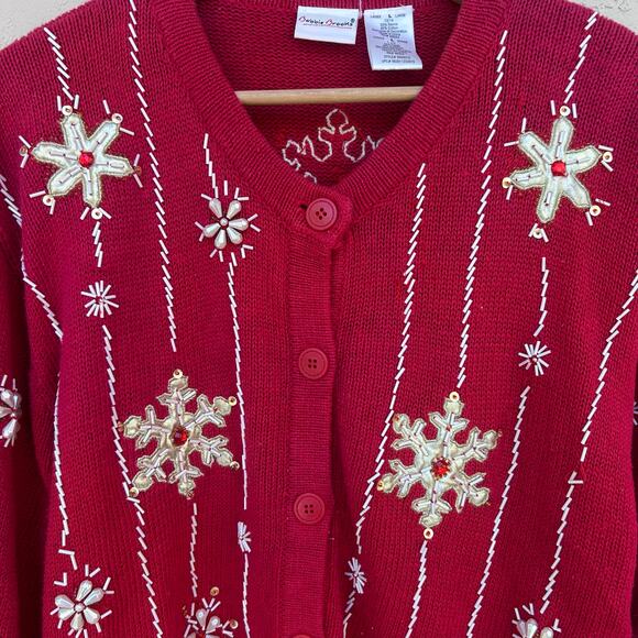 Vintage Bobbie Brooks Red Beaded Snowflake Christmas Sweater Size L - Picture 4 of 4